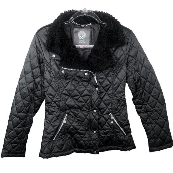 Vince Camuto Black Quilted Padded Puffer Coat Fur Hood Small Classic - Picture 3 of 7